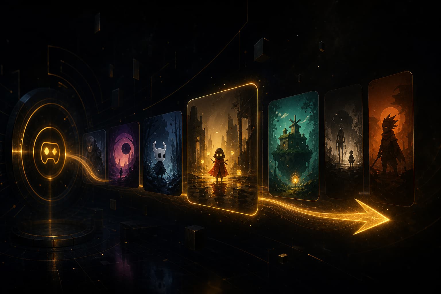 Discovery Queue concept — game cards flowing through a curated queue