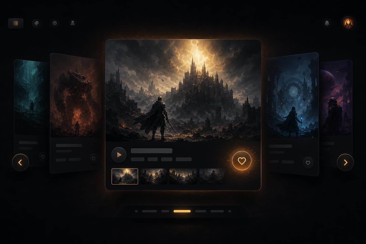 A Steam-style discovery queue interface showing game cards with navigation and wishlist buttons