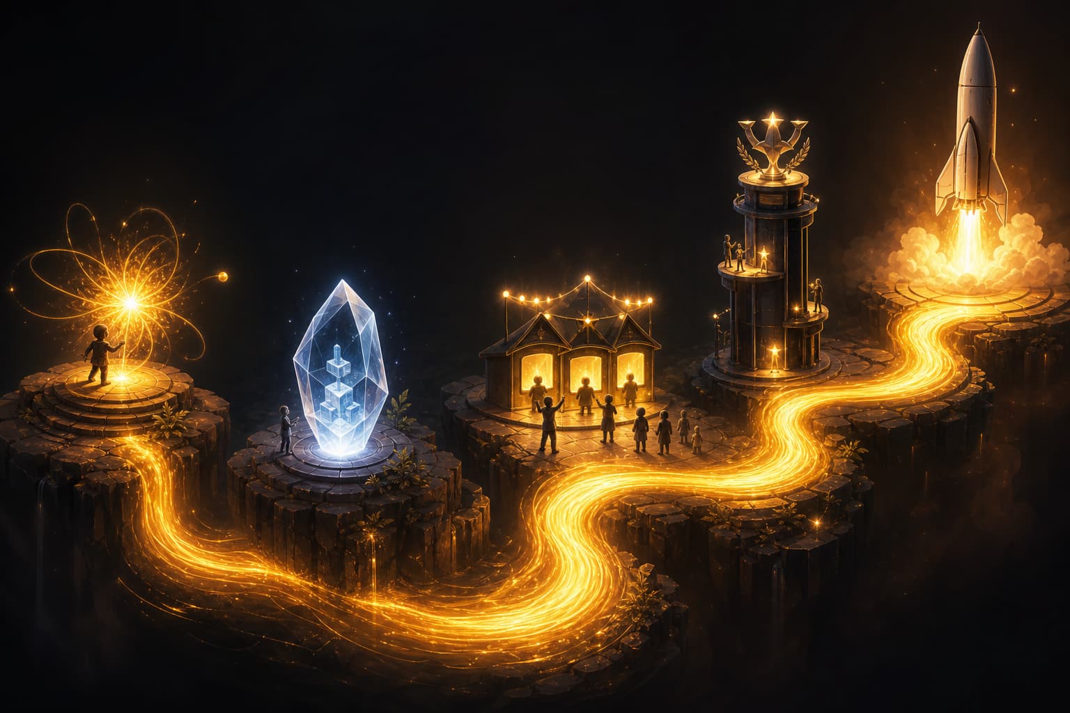 Game development pipeline flowing from idea spark through prototype, voting, leaderboard, to launch