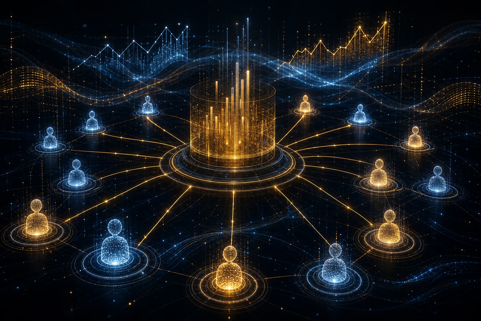 Network of simulated users connected to a central leaderboard with real market data streams